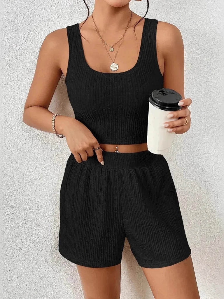Scoop Neck Top and Shorts Set - Black by Trendsi from FREYA’S CLOSET