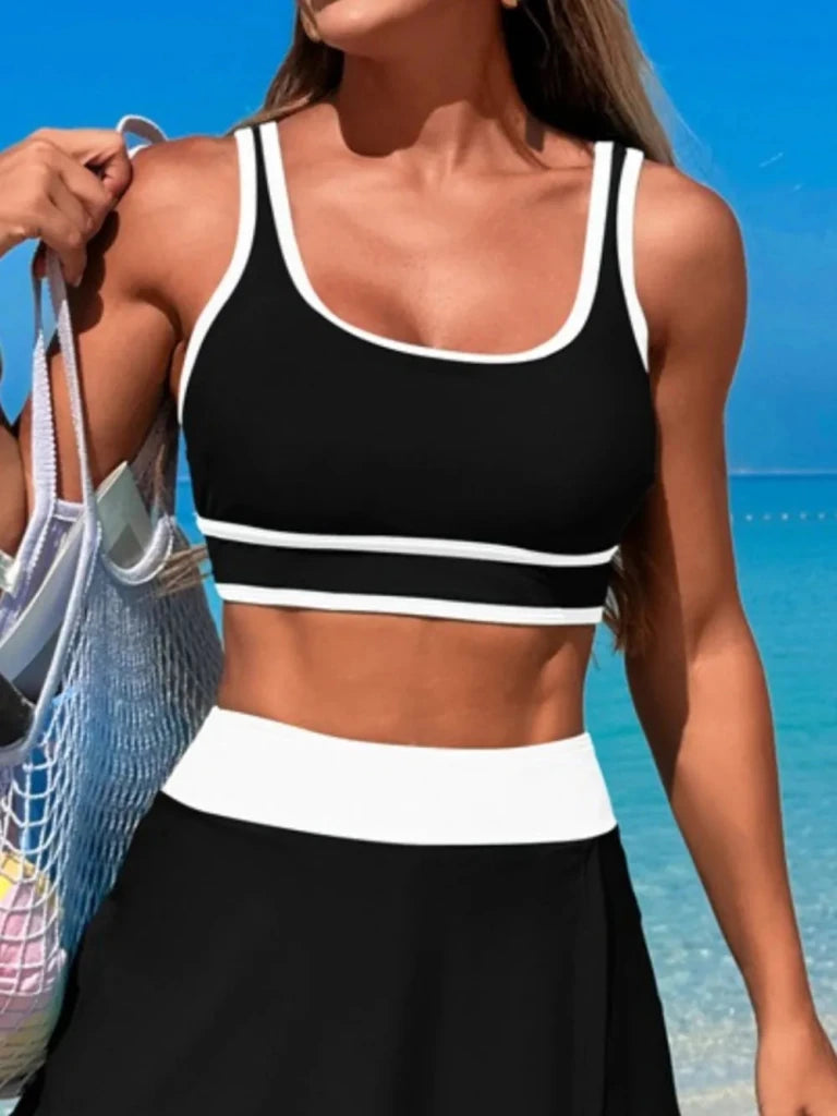 Scoop Neck Top and Skort Swim Set - Black by Trendsi from FREYA’S CLOSET