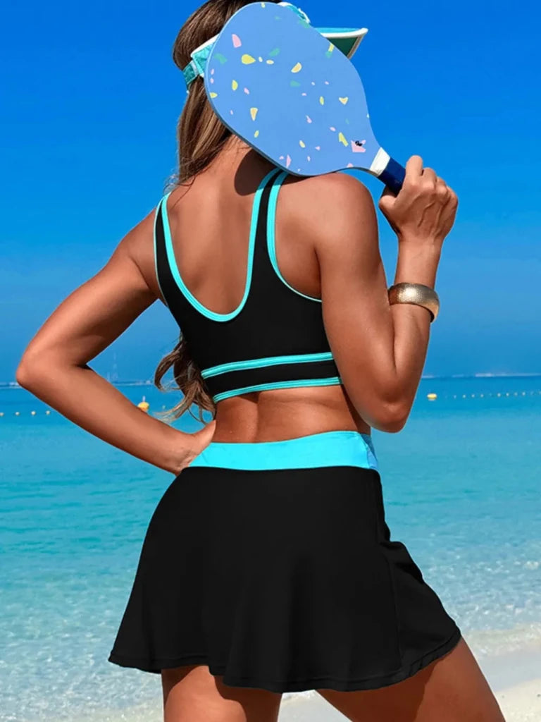 Scoop Neck Top and Skort Swim Set - Black/Blue by Trendsi from FREYA’S CLOSET