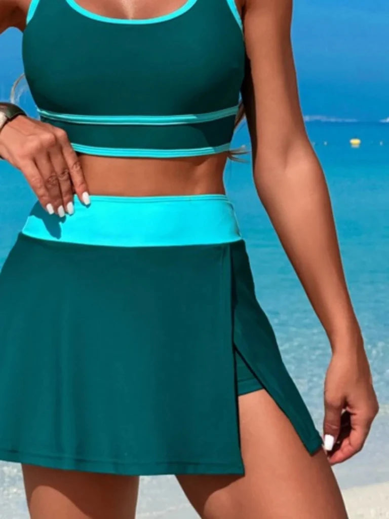 Scoop Neck Top and Skort Swim Set - Black/Blue by Trendsi from FREYA’S CLOSET