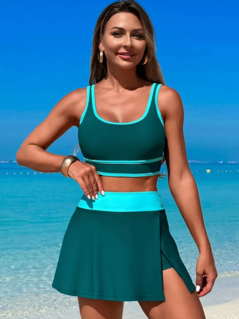 Scoop Neck Top and Skort Swim Set - Black/Blue by Trendsi from FREYA’S CLOSET