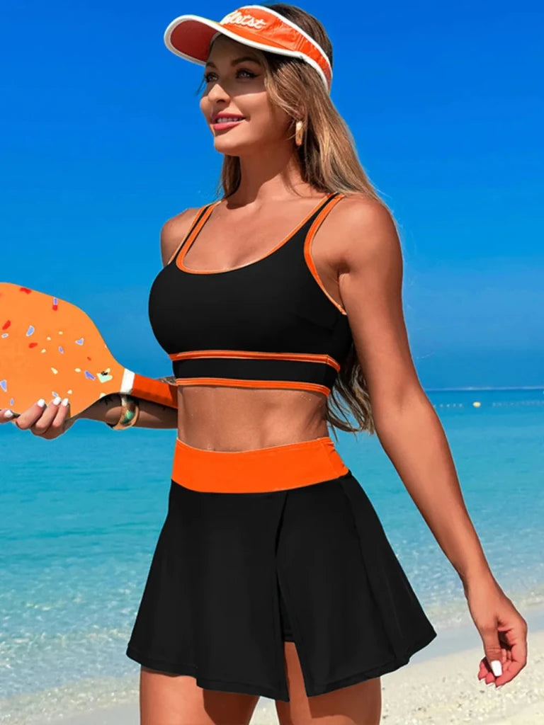 Scoop Neck Top and Skort Swim Set - Black/Orange by Trendsi from FREYA’S CLOSET