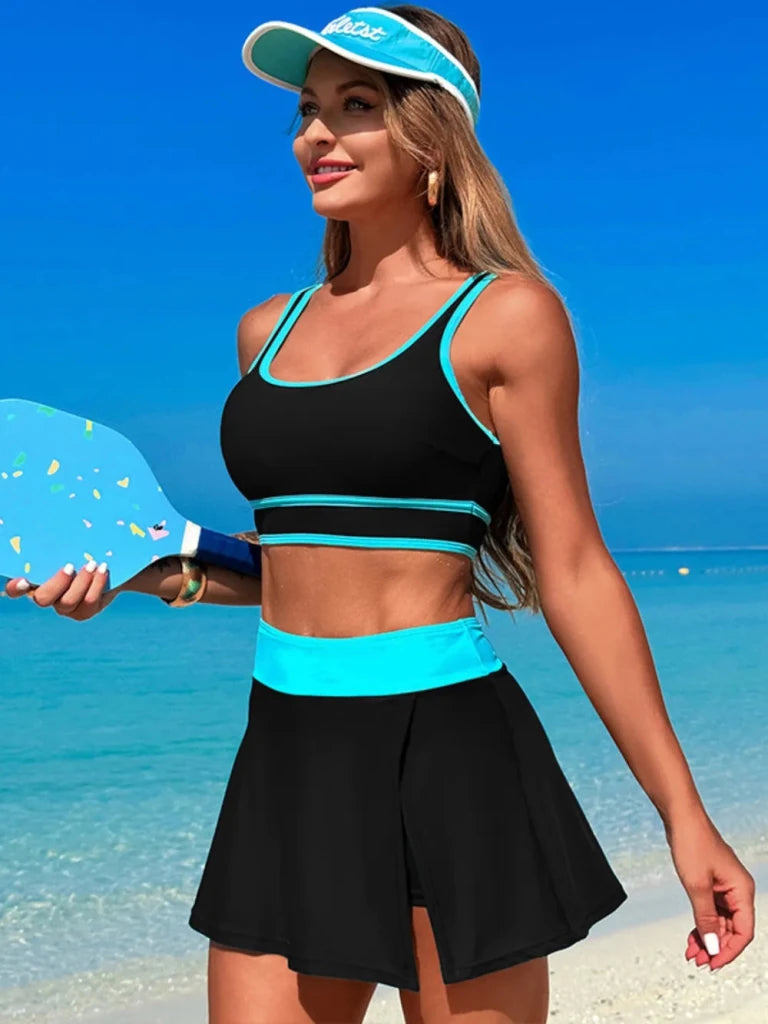 Scoop Neck Top and Skort Swim Set - Black/Orange by Trendsi from FREYA’S CLOSET