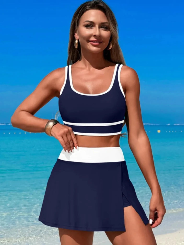 Scoop Neck Top and Skort Swim Set - Dark Navy by Trendsi from FREYA’S CLOSET