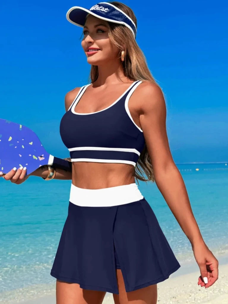 Scoop Neck Top and Skort Swim Set - Dark Navy by Trendsi from FREYA’S CLOSET