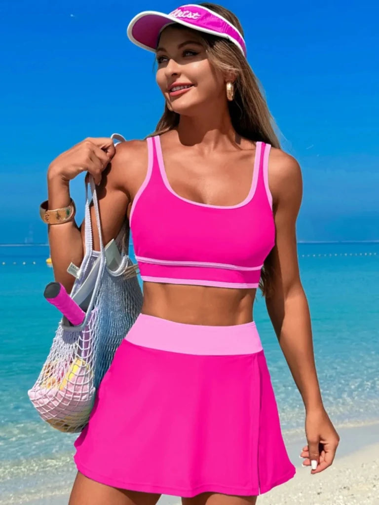 Scoop Neck Top and Skort Swim Set - Hot Pink by Trendsi from FREYA’S CLOSET