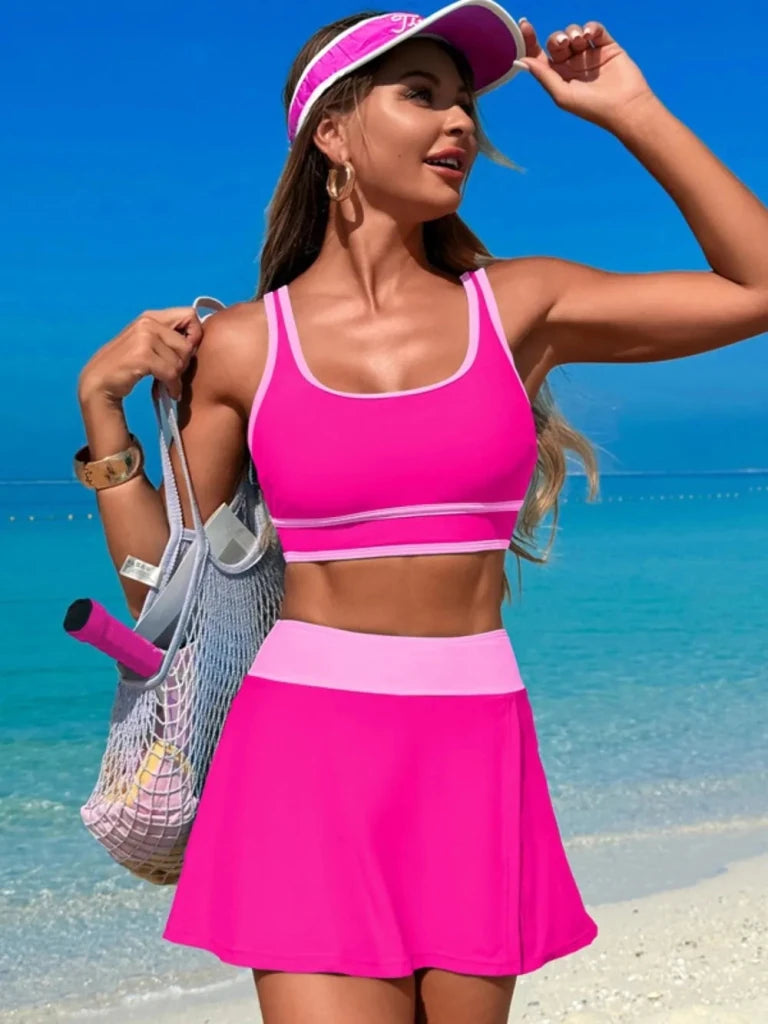 Scoop Neck Top and Skort Swim Set - Hot Pink by Trendsi from FREYA’S CLOSET