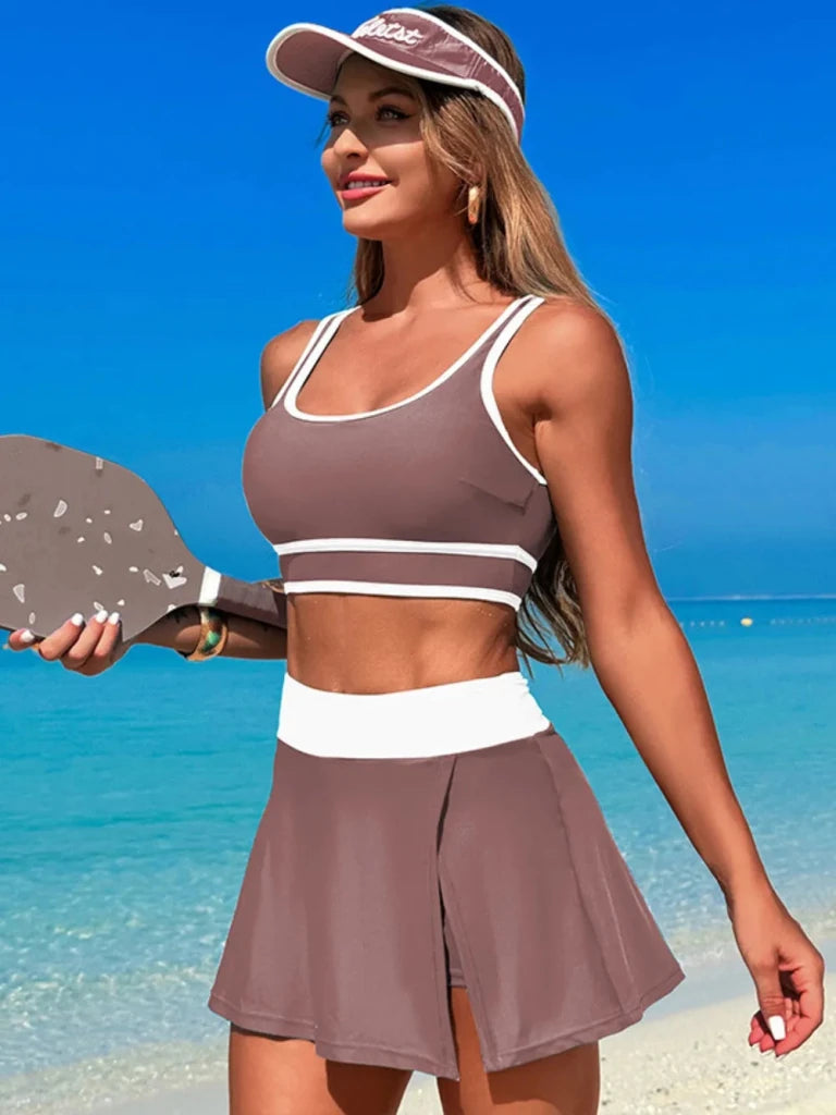 Scoop Neck Top and Skort Swim Set - Mocha by Trendsi from FREYA’S CLOSET