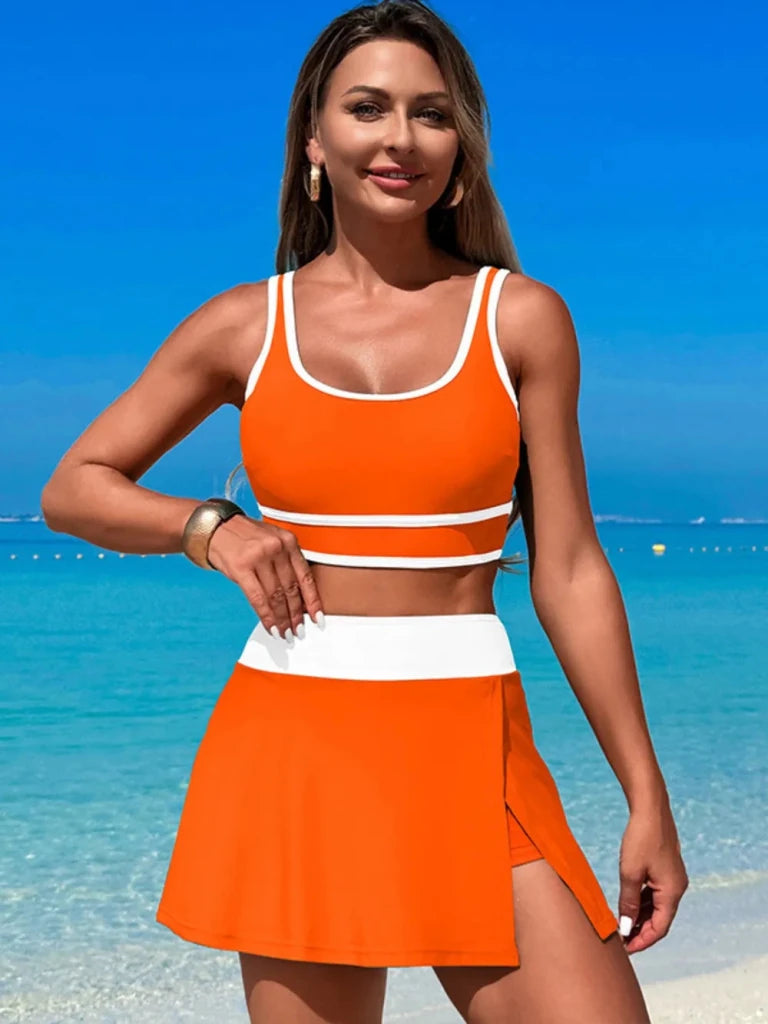 Scoop Neck Top and Skort Swim Set - Orange by Trendsi from FREYA’S CLOSET