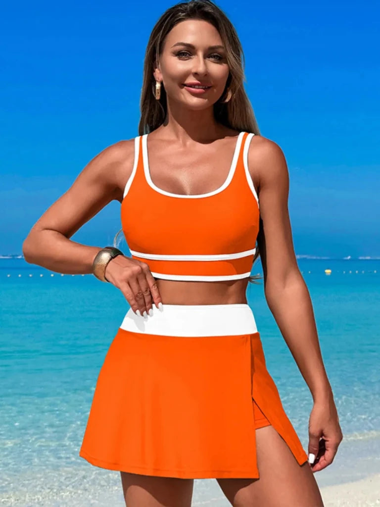 Scoop Neck Top and Skort Swim Set - Orange by Trendsi from FREYA’S CLOSET