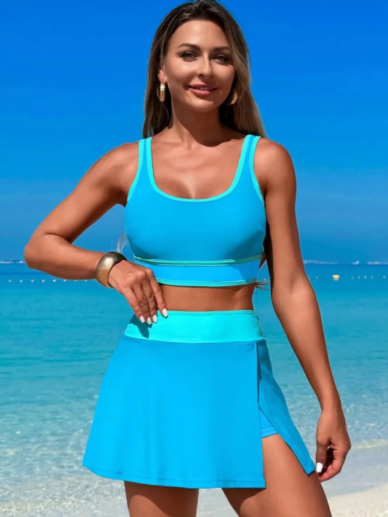 Scoop Neck Top and Skort Swim Set - Sky Blue by Trendsi from FREYA’S CLOSET