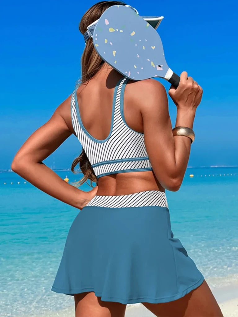 Scoop Neck Top and Skort Swim Set - Stripe by Trendsi from FREYA’S CLOSET
