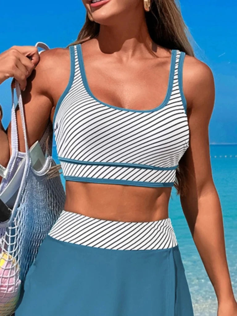 Scoop Neck Top and Skort Swim Set - Stripe by Trendsi from FREYA’S CLOSET