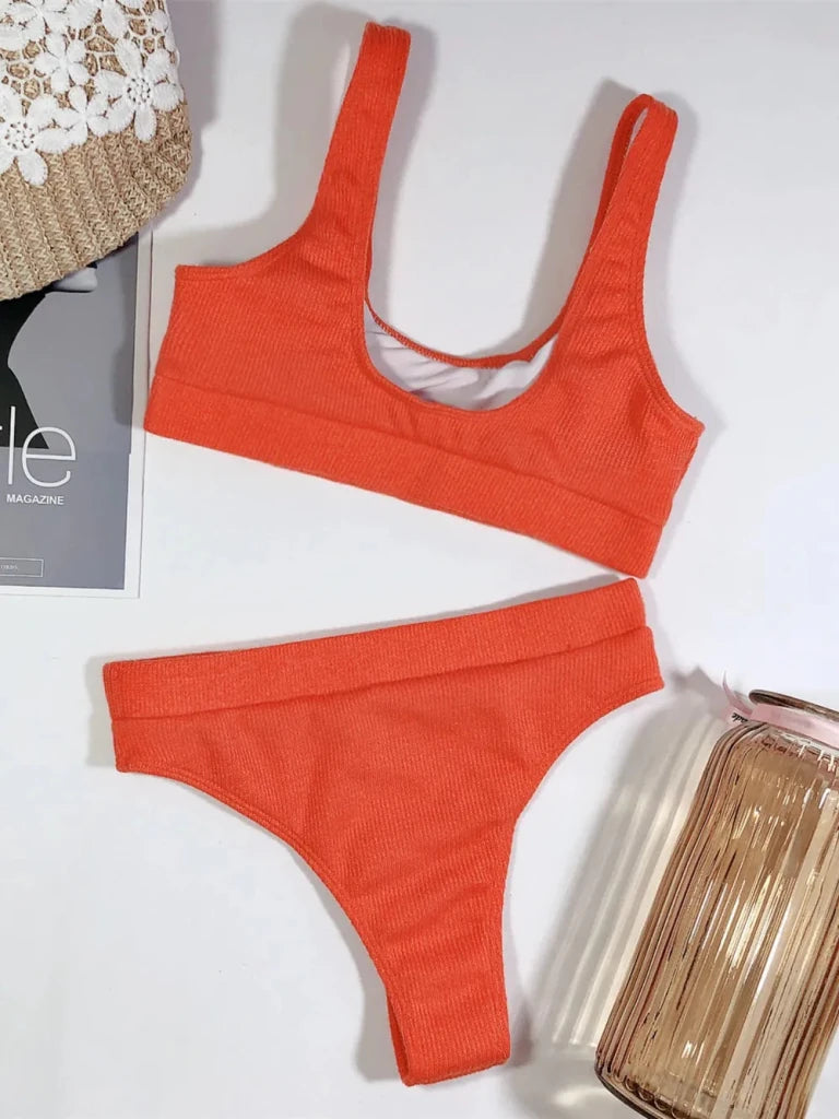 Scoop Neck Wide Strap Two - Piece Swim Set - Orange - Red by Trendsi from FREYA’S CLOSET
