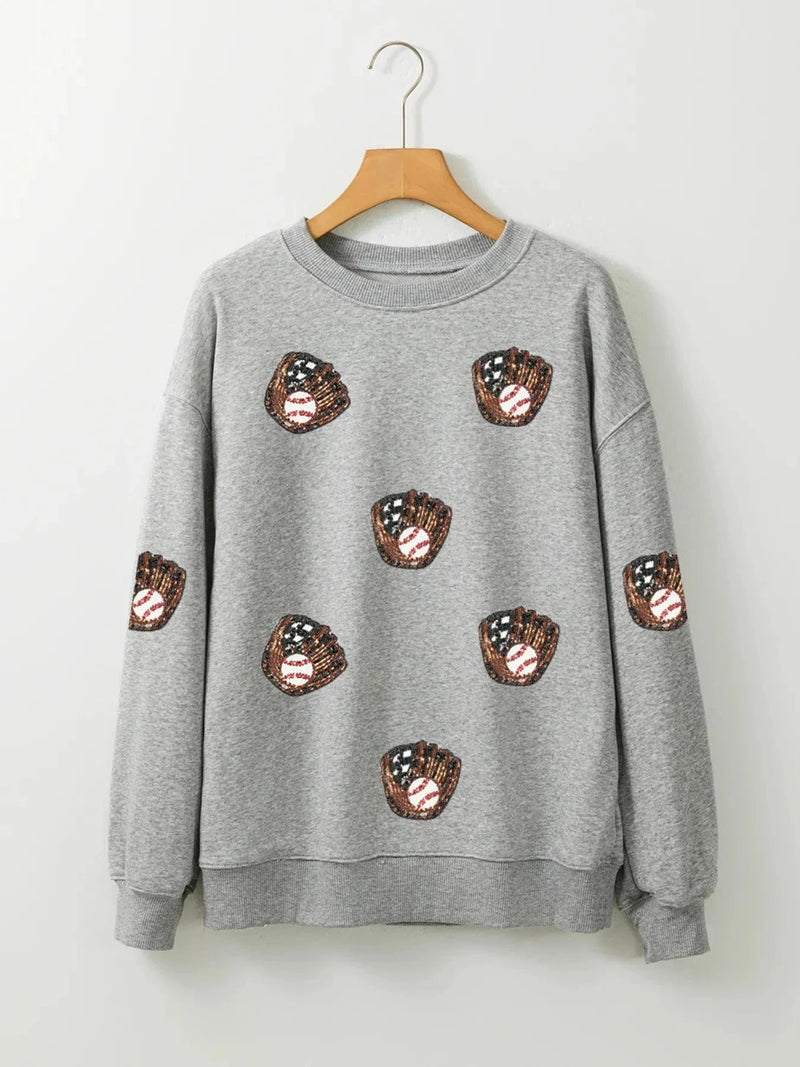 Trendsi Sequin Baseball Patched Casual Sweatshirt