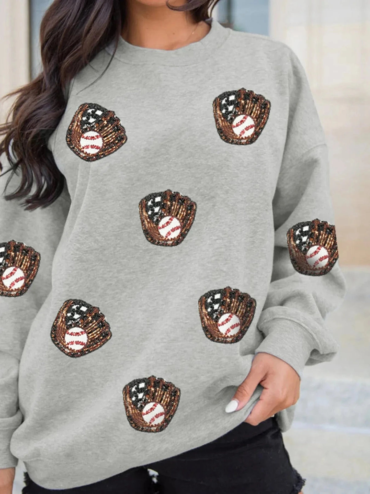 Trendsi Gray / S Sequin Baseball Patched Casual Sweatshirt
