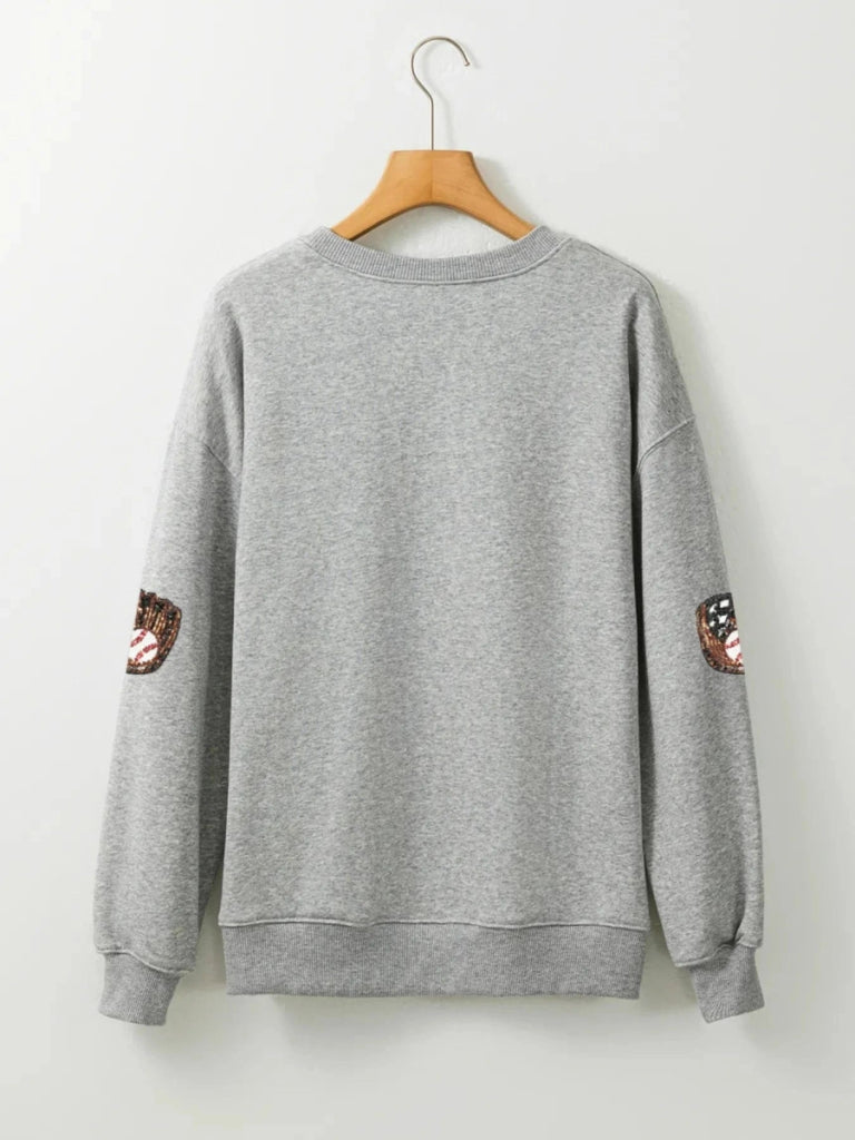 Sequin Baseball Patched Casual Sweatshirt - Gray by Trendsi from FREYA’S CLOSET