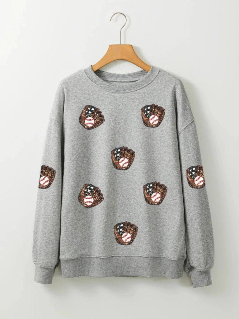Sequin Baseball Patched Casual Sweatshirt - Gray by Trendsi from FREYA’S CLOSET