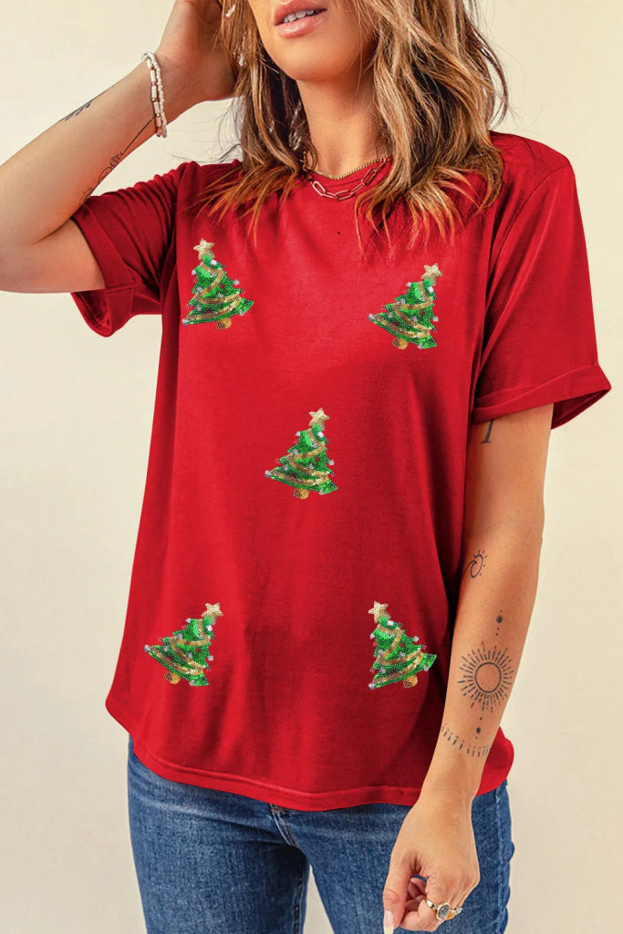 Sequin Christmas Tree Round Neck Short Sleeve T-Shirt - Deep Red by Trendsi from FREYA’S CLOSET