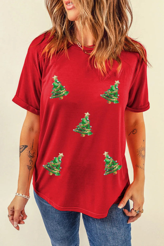 Sequin Christmas Tree Round Neck Short Sleeve T-Shirt - Deep Red by Trendsi from FREYA’S CLOSET