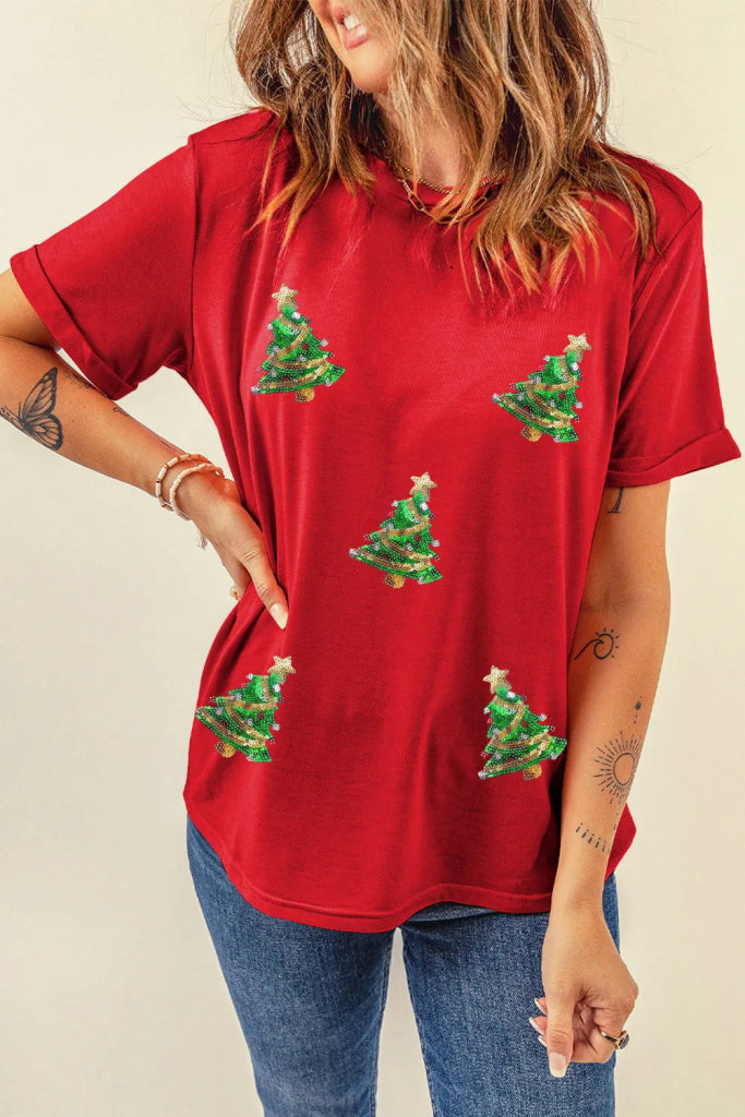 Sequin Christmas Tree Round Neck Short Sleeve T-Shirt - Deep Red by Trendsi from FREYA’S CLOSET