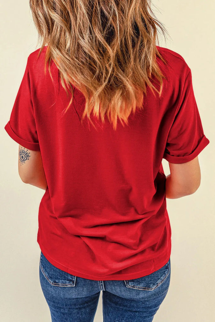 Sequin Christmas Tree Round Neck Short Sleeve T-Shirt - Deep Red by Trendsi from FREYA’S CLOSET