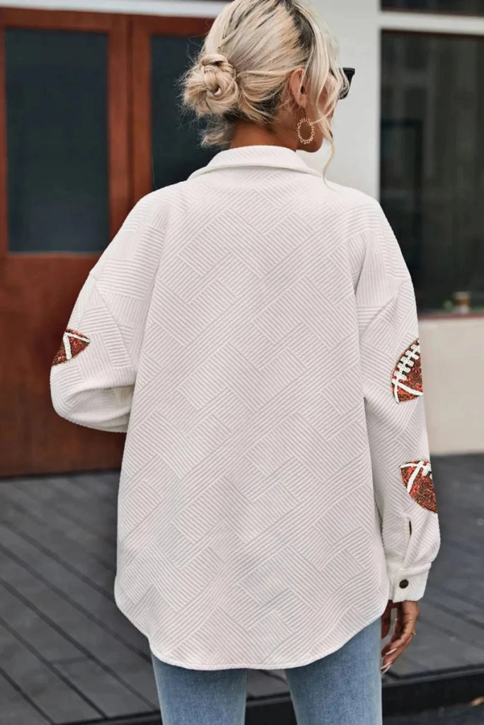 Sequin Football Patch Collared Neck Snap Button Jacket - White by Trendsi from FREYA’S CLOSET