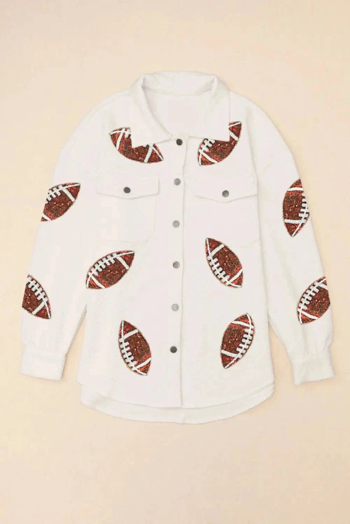 Sequin Football Patch Collared Neck Snap Button Jacket - White by Trendsi from FREYA’S CLOSET