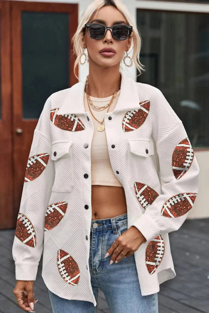 Sequin Football Patch Collared Neck Snap Button Jacket - White by Trendsi from FREYA’S CLOSET
