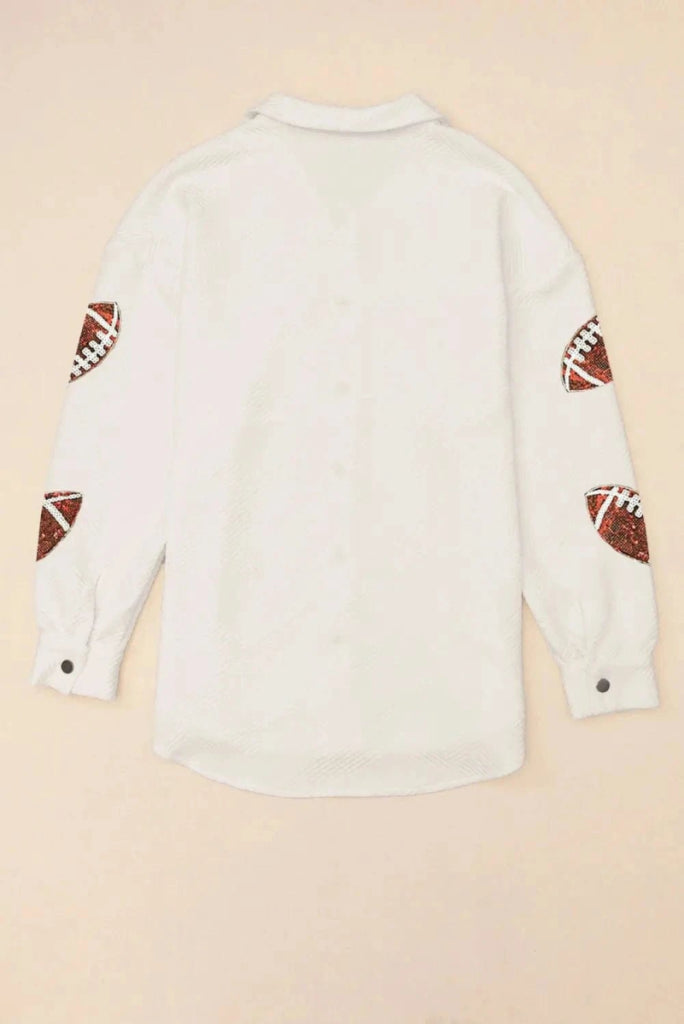 Sequin Football Patch Collared Neck Snap Button Jacket - White by Trendsi from FREYA’S CLOSET