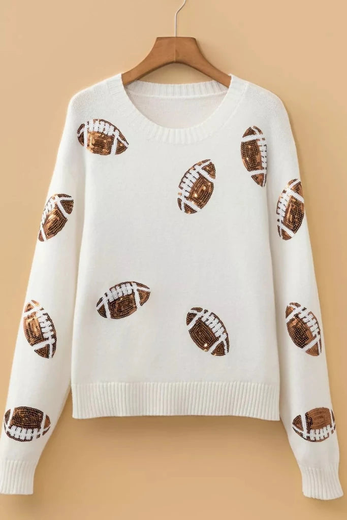 Sequin football print round neck long sleeve sweater, alternate product image