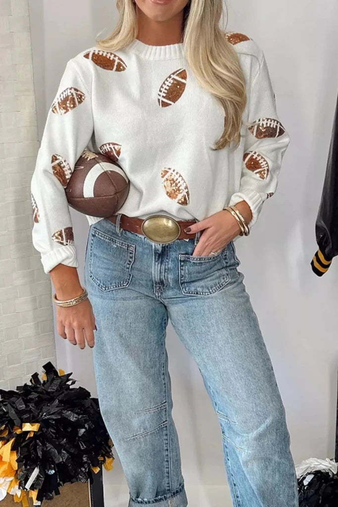 Sequin football print round neck long sleeve sweater, alternate product image