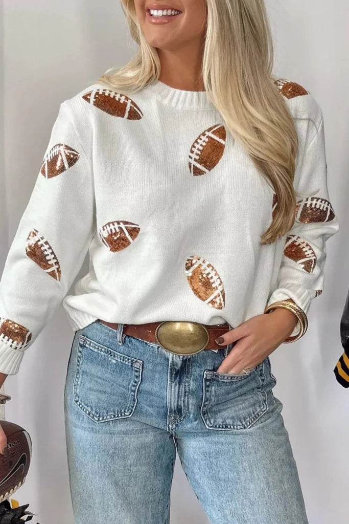 Sequin football print round neck long sleeve sweater, alternate product image
