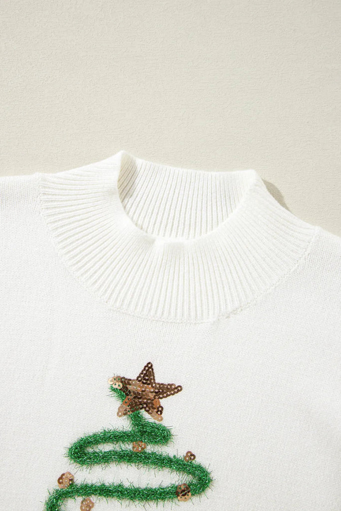 Sequin Mock Neck Short Sleeve Sweater - White by Trendsi from FREYA’S CLOSET