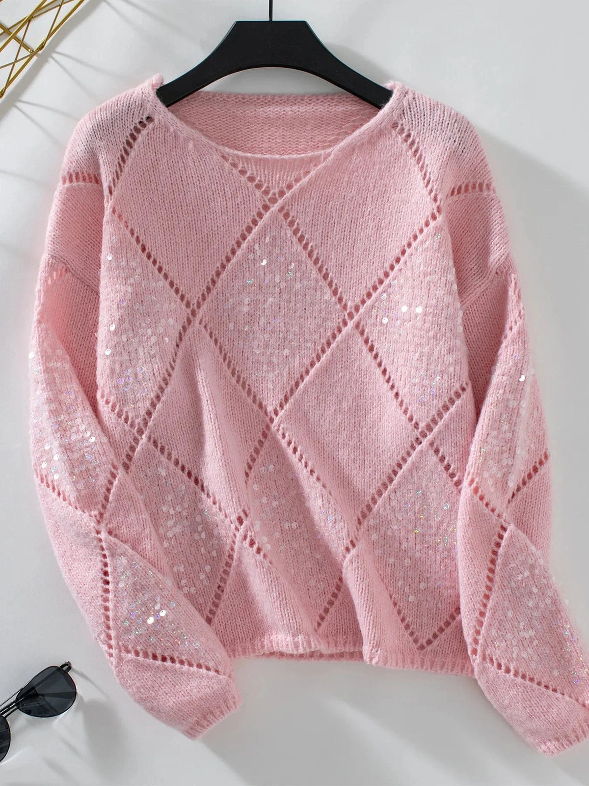 Trendsi Pink / S Sequin Openwork Long Sleeve Sweater