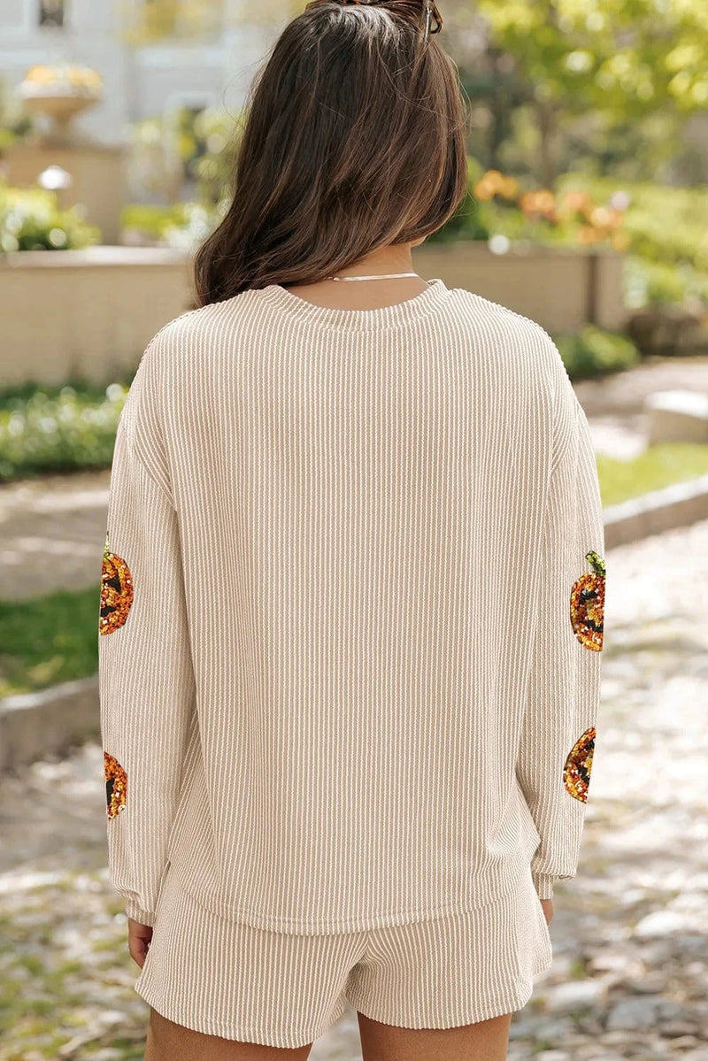 Trendsi Sequin Pumpkin Round Neck Top and Shorts Set