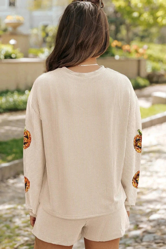 Sequin Pumpkin Round Neck Top and Shorts Set - Tan by Trendsi from FREYA’S CLOSET