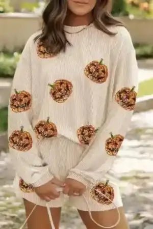 Sequin Pumpkin Round Neck Top and Shorts Set - Tan by Trendsi from FREYA’S CLOSET