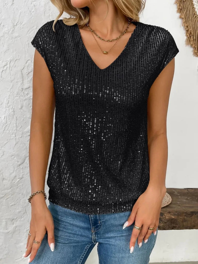 Sequin V - Neck Cap Sleeve Top - Black by Trendsi from FREYA’S CLOSET