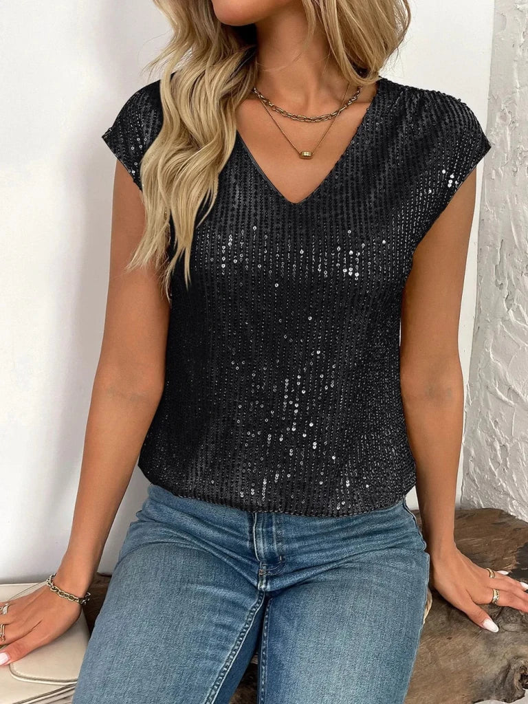 Sequin V - Neck Cap Sleeve Top - Black by Trendsi from FREYA’S CLOSET