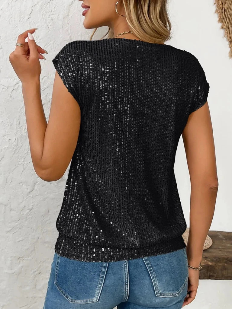 Sequin V - Neck Cap Sleeve Top - Black by Trendsi from FREYA’S CLOSET