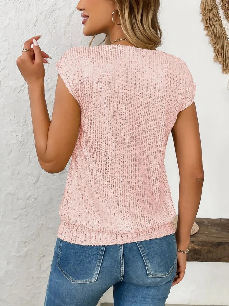Sequin V - Neck Cap Sleeve Top - Blush Pink by Trendsi from FREYA’S CLOSET