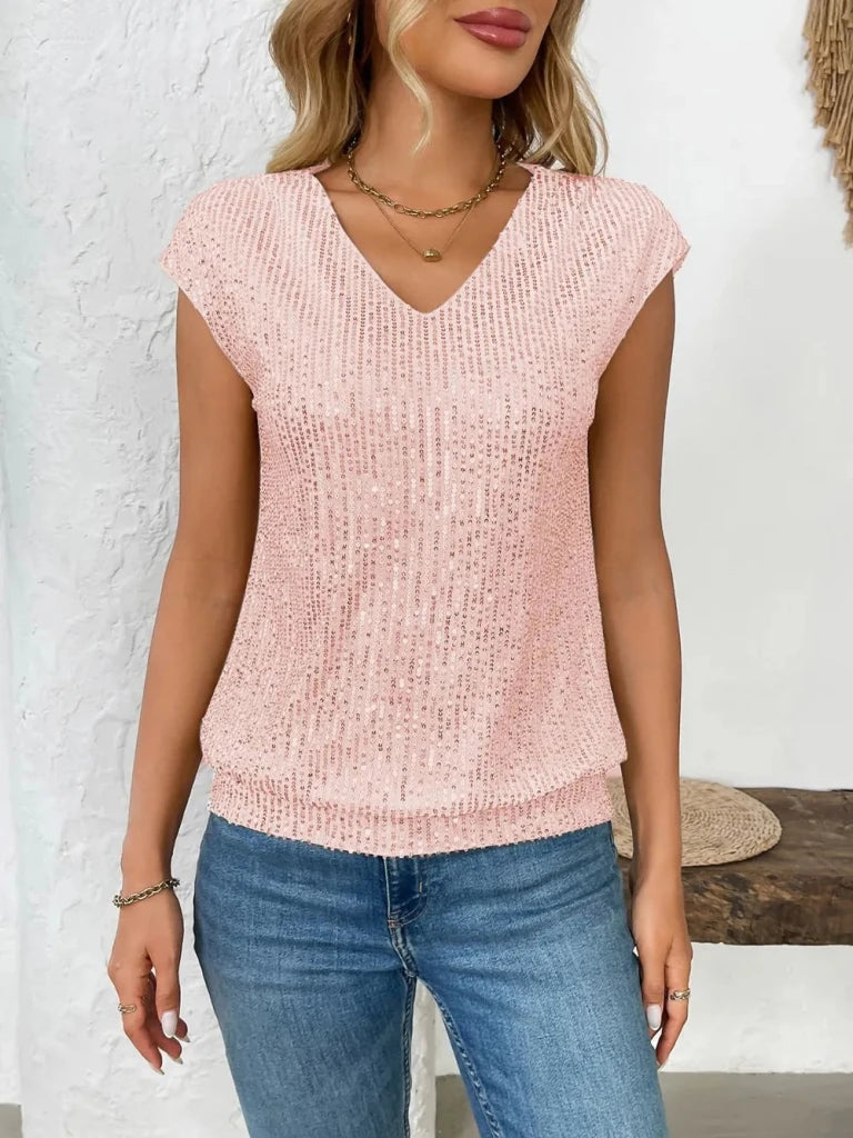 Sequin V - Neck Cap Sleeve Top - Blush Pink by Trendsi from FREYA’S CLOSET