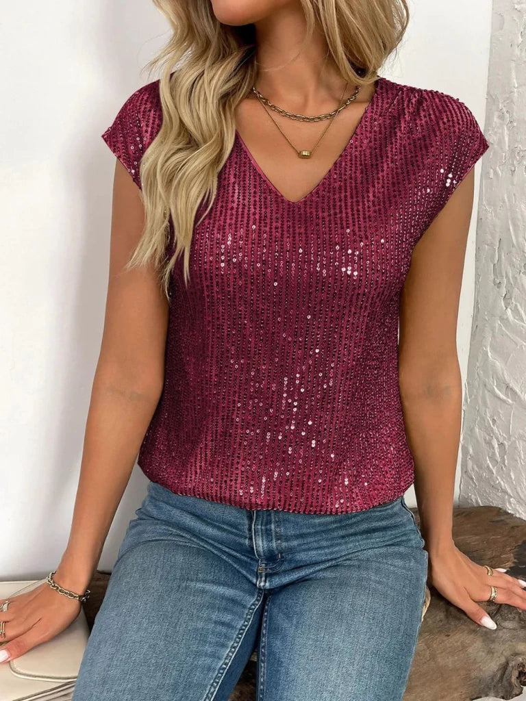 Sequin V - Neck Cap Sleeve Top - Burgundy by Trendsi from FREYA’S CLOSET