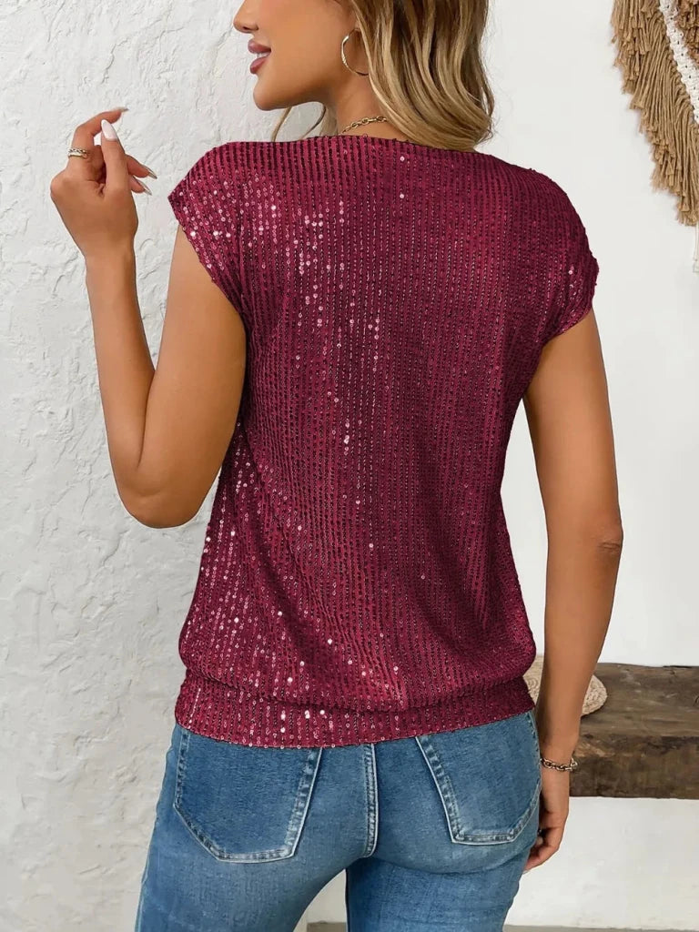 Sequin V - Neck Cap Sleeve Top - Burgundy by Trendsi from FREYA’S CLOSET