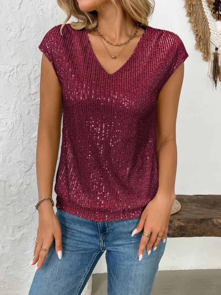 Sequin V - Neck Cap Sleeve Top - Burgundy by Trendsi from FREYA’S CLOSET