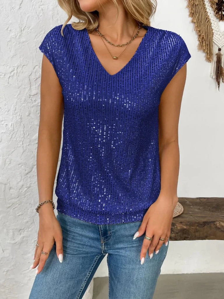 Sequin V - Neck Cap Sleeve Top - Royal Blue by Trendsi from FREYA’S CLOSET