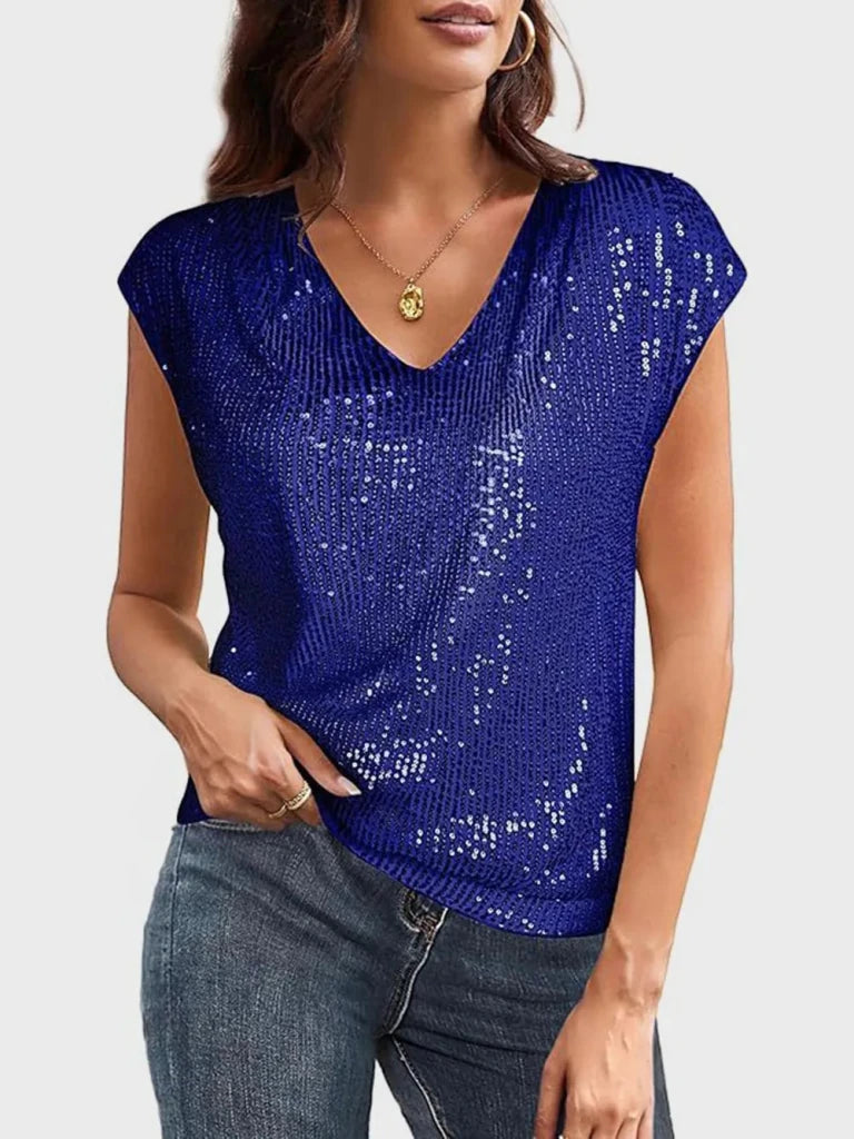 Sequin V - Neck Cap Sleeve Top - Royal Blue by Trendsi from FREYA’S CLOSET
