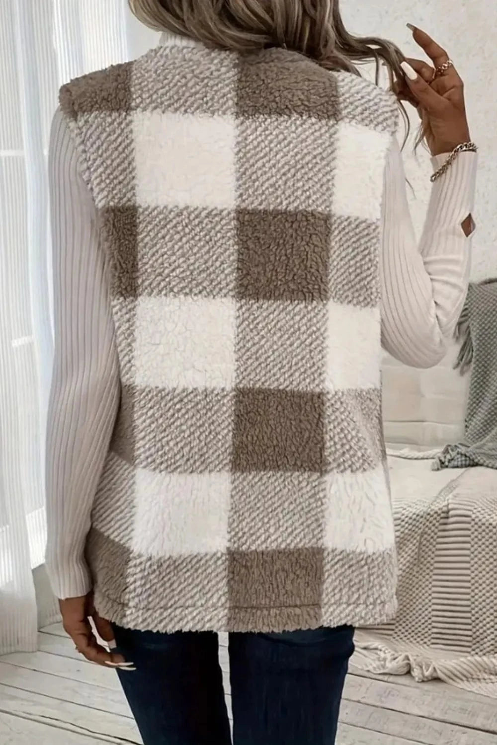 Trendsi Sherpa Plaid Open Front Vest Coat
