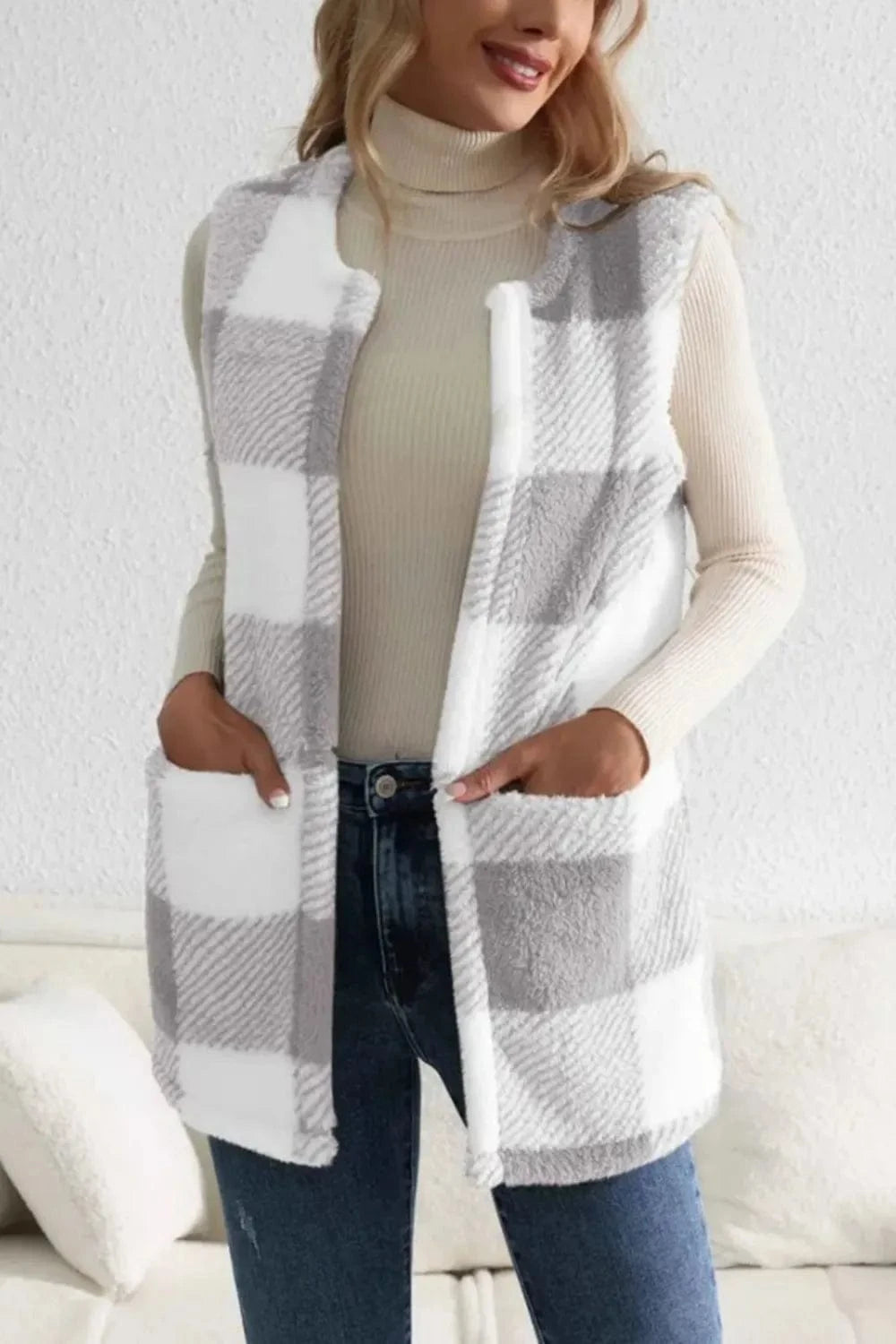 Trendsi Sherpa Plaid Open Front Vest Coat